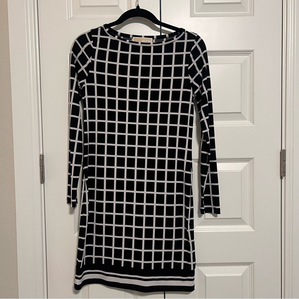 Michael Kors Black and White Checkered Long Sleeve Dress